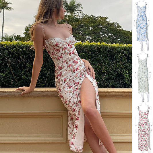 Breezy Lace Floral Maxi with Chic Side Slit and Delicate Straps for Summer Elegance