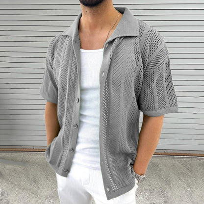 Men’s Lightweight Lapel Short Sleeve Knit Hollow Cardigan Sweater