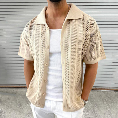 Men’s Lightweight Lapel Short Sleeve Knit Hollow Cardigan Sweater