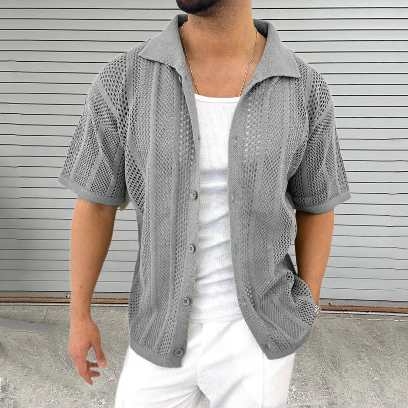 Men’s Lightweight Lapel Short Sleeve Knit Hollow Cardigan Sweater