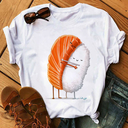 Shop at Artephi for a stunning Cute Sushi T-Shirts for Women - Sushi Shenanigans! Dive into "Sushi Shenanigans," featuring women's tees with playful sushi characters. Soft cotton & delightful designs for summer fun. now only ₱410.00.