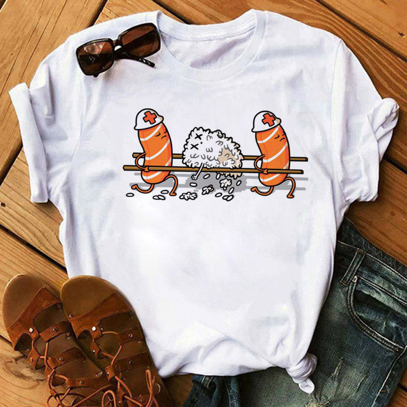 Shop at Artephi for a stunning Cute Sushi T-Shirts for Women - Sushi Shenanigans! Dive into "Sushi Shenanigans," featuring women's tees with playful sushi characters. Soft cotton & delightful designs for summer fun. now only ₱410.00.