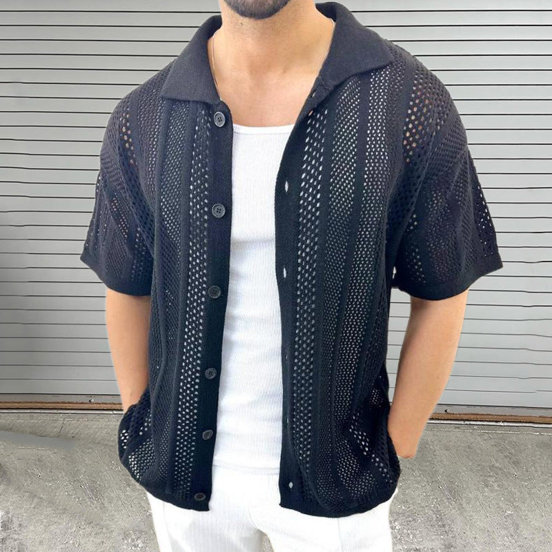 Men’s Lightweight Lapel Short Sleeve Knit Hollow Cardigan Sweater