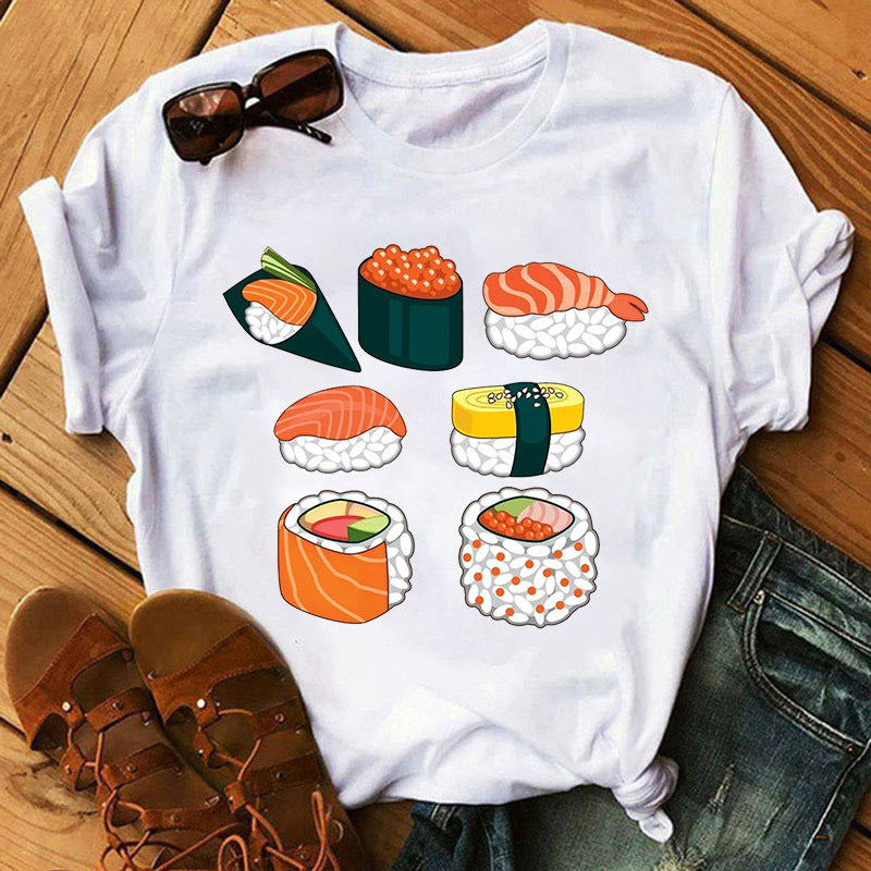 Shop at Artephi for a stunning Cute Sushi T-Shirts for Women - Sushi Shenanigans! Dive into "Sushi Shenanigans," featuring women's tees with playful sushi characters. Soft cotton & delightful designs for summer fun. now only ₱410.00.