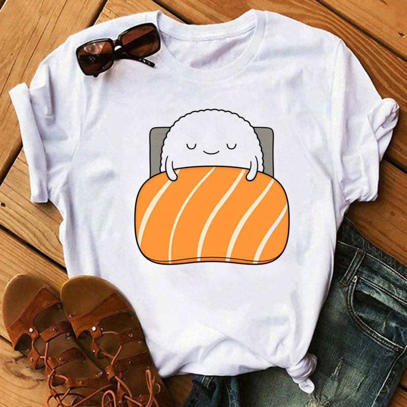 Shop at Artephi for a stunning Cute Sushi T-Shirts for Women - Sushi Shenanigans! Dive into "Sushi Shenanigans," featuring women's tees with playful sushi characters. Soft cotton & delightful designs for summer fun. now only ₱410.00.