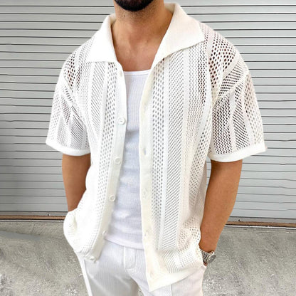 Men’s Lightweight Lapel Short Sleeve Knit Hollow Cardigan Sweater