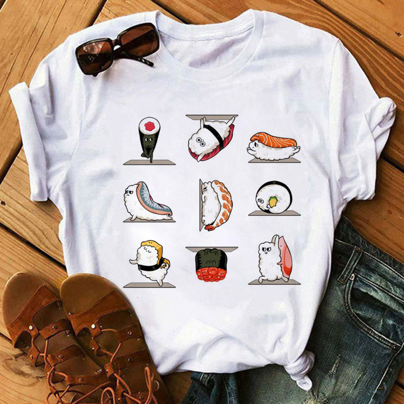 Shop at Artephi for a stunning Cute Sushi T-Shirts for Women - Sushi Shenanigans! Dive into "Sushi Shenanigans," featuring women's tees with playful sushi characters. Soft cotton & delightful designs for summer fun. now only ₱410.00.