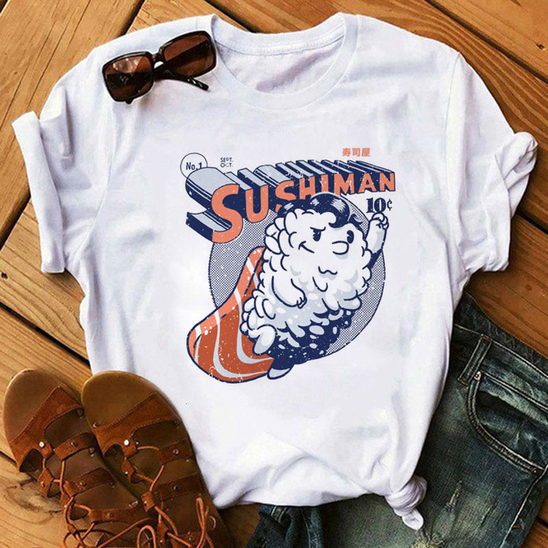 Shop at Artephi for a stunning Cute Sushi T-Shirts for Women - Sushi Shenanigans! Dive into "Sushi Shenanigans," featuring women's tees with playful sushi characters. Soft cotton & delightful designs for summer fun. now only ₱410.00.