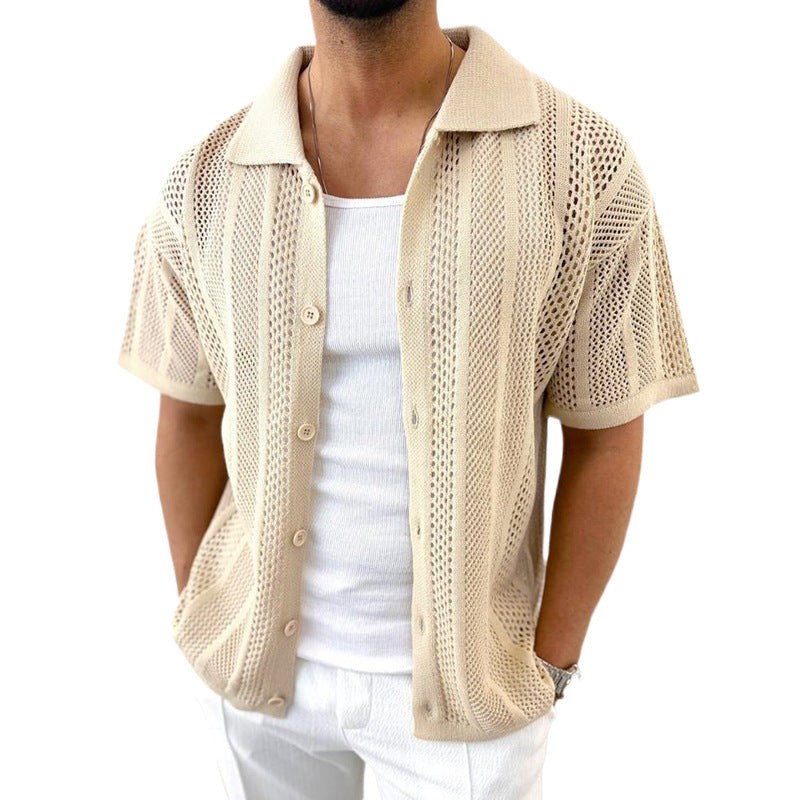 Men’s Lightweight Lapel Short Sleeve Knit Hollow Cardigan Sweater