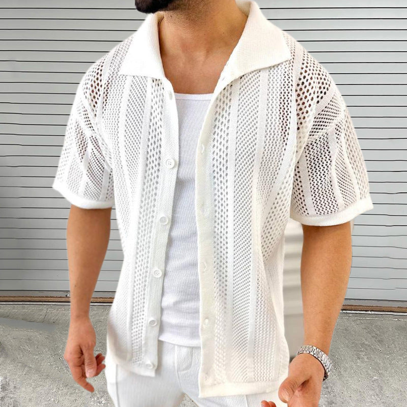 Men’s Lightweight Lapel Short Sleeve Knit Hollow Cardigan Sweater