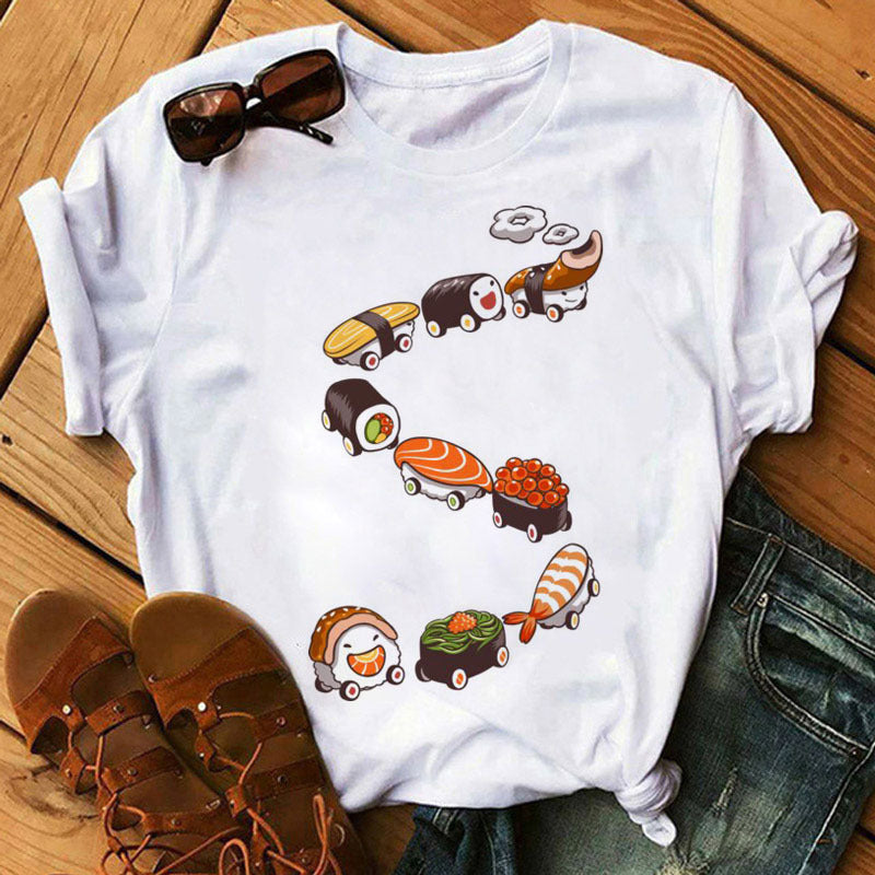 Shop at Artephi for a stunning Cute Sushi T-Shirts for Women - Sushi Shenanigans! Dive into "Sushi Shenanigans," featuring women's tees with playful sushi characters. Soft cotton & delightful designs for summer fun. now only ₱410.00.