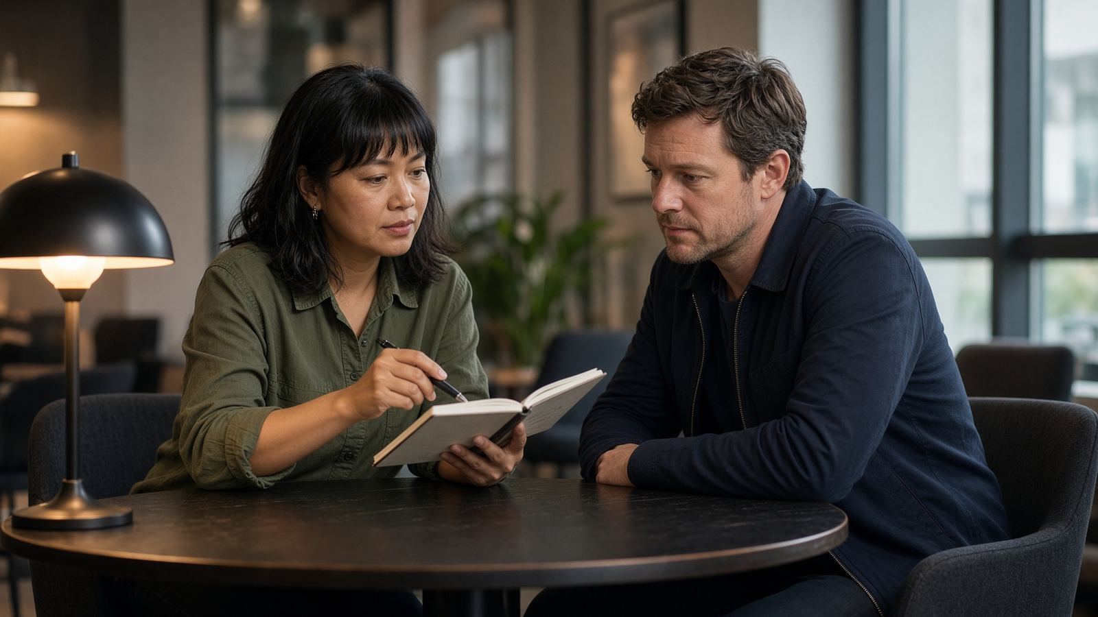 Two colleagues at a table — one showing a notebook, one listening