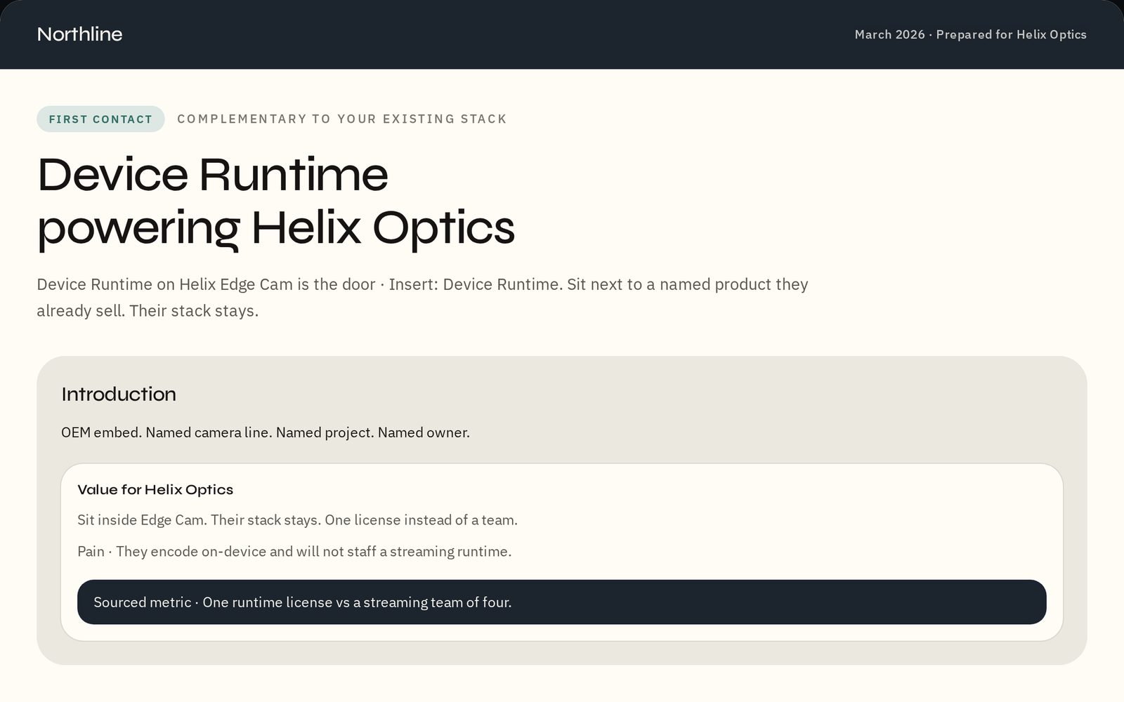 First-contact packet: Device Runtime powering Helix Optics